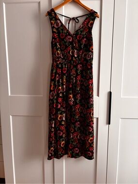 Twik Black Romper with Midi Dress layover with Red, Pink and Orange Floral Print